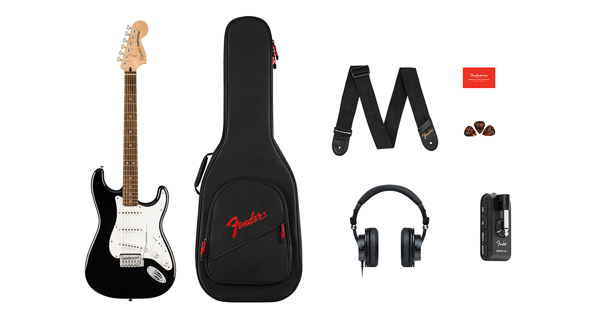 Squier Affinity Series Stratocaster Mustang Micro Pack with Headphone Amplifier, Headphones, and Accessories