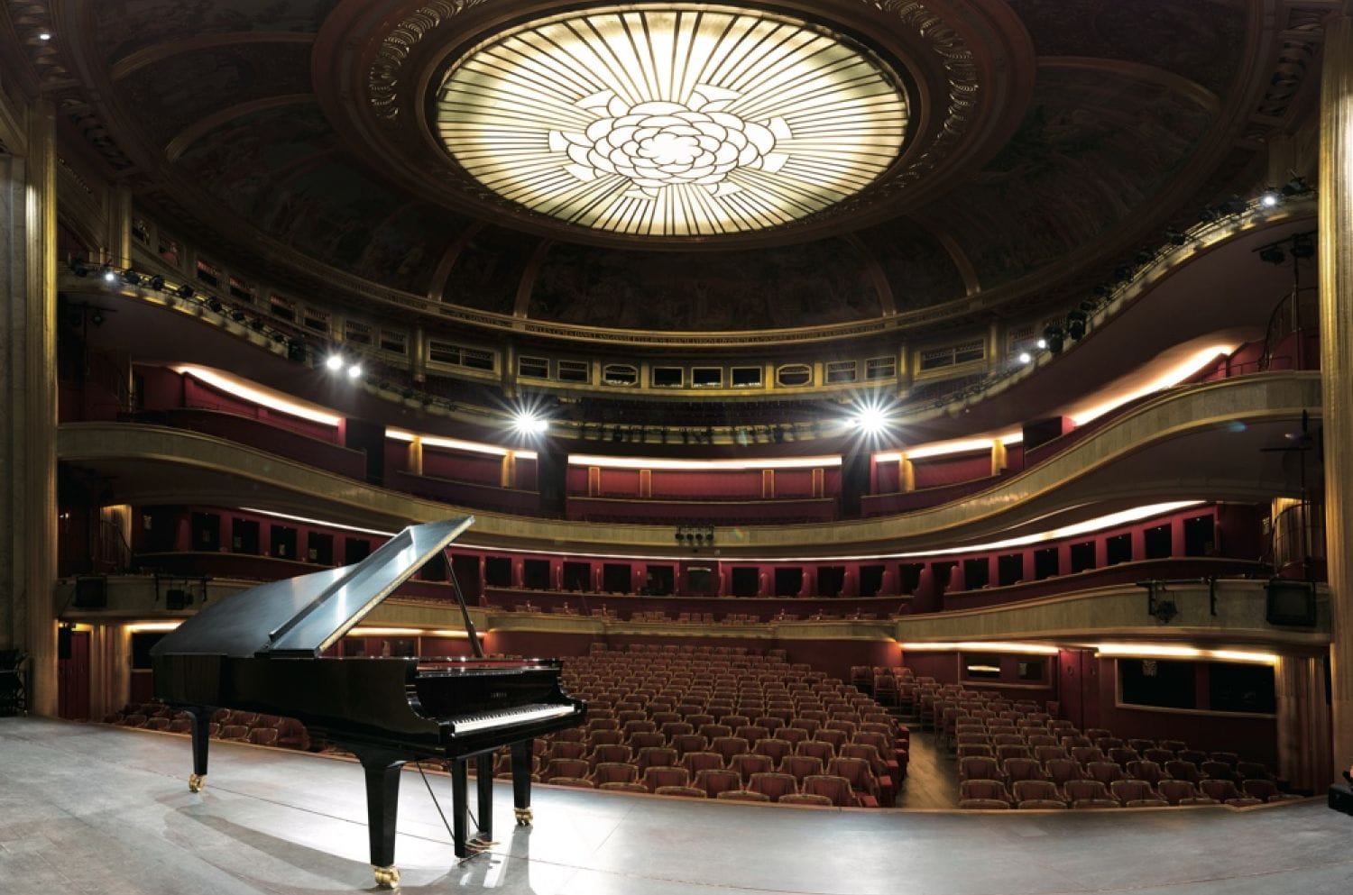 View of Yamaha CF Piano from backstage, facing an open auditorium.