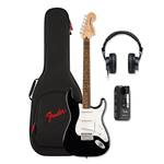 Squier Affinity Series Stratocaster Mustang Micro Pack with Headphone Amplifier, Headphones, and Accessories - Black with Laurel Fingerboard