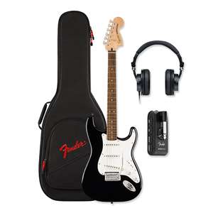 Squier Affinity Series Stratocaster Mustang Micro Pack with Headphone Amplifier, Headphones, and Accessories - Black with Laurel Fingerboard